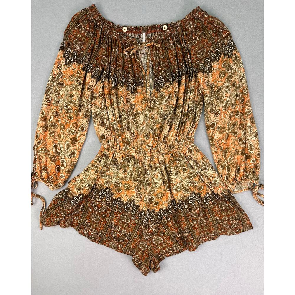 Free People So Divine Boho Floral Off The Shoulder Romper Peasant Sleeve Size XS - Picture 4 of 11
